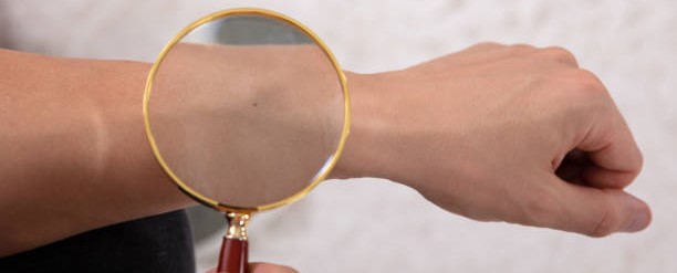 A person examines their wrist with a magnifying glass to identify their skin undertone.